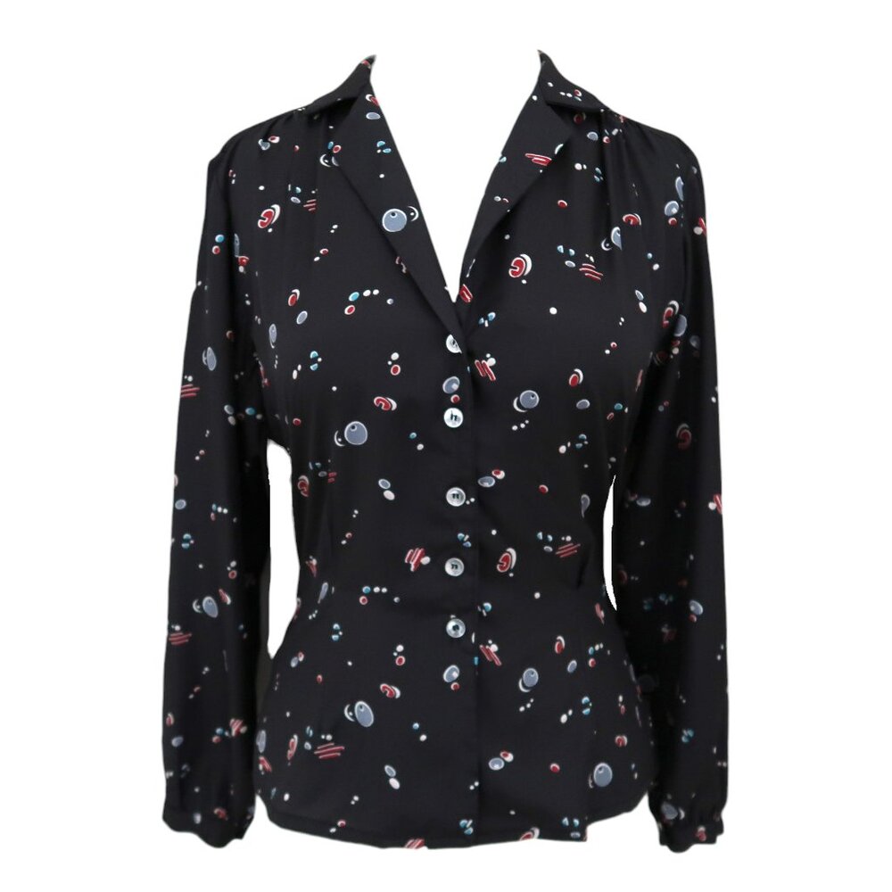vtg IRENE KASMER black blouse sz M cosmic print top